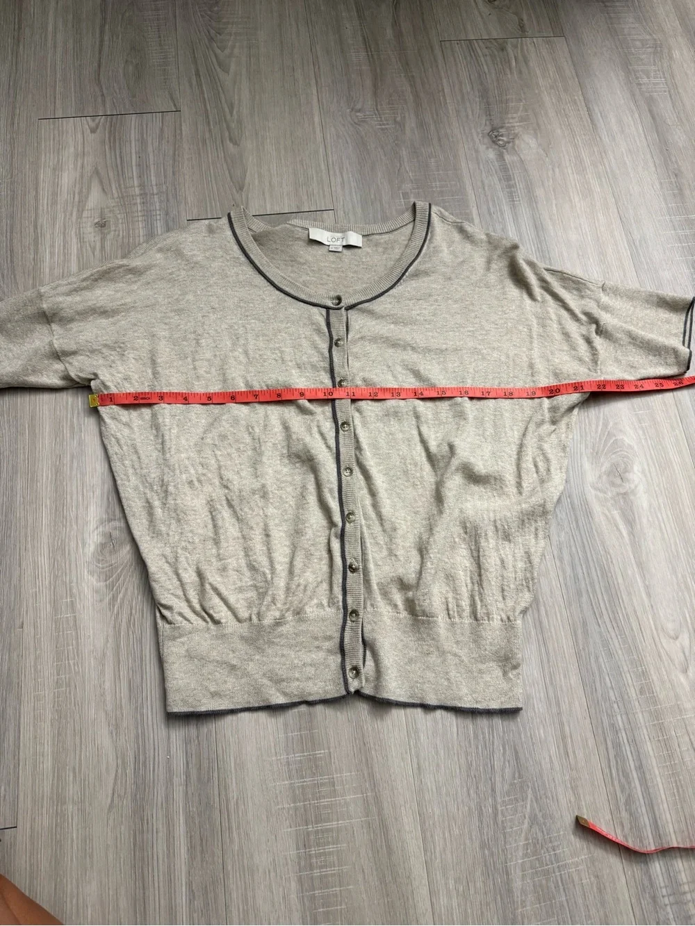LOFT Light Beige Short-Sleeve Button Front Cardigan with Contrast Trim
